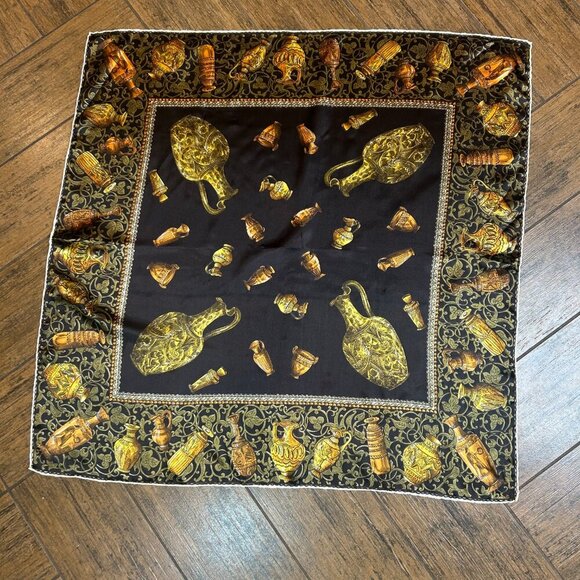 Vintage Black Baroque Square Scarf with Egyptian Urns and Vessels - Picture 7 of 8